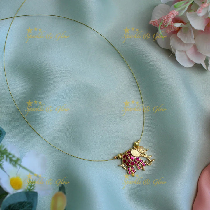 Gorgeous elephant design jadau stone pendant with invisible chain short necklace - Pink and white - Sparkle and Glow
