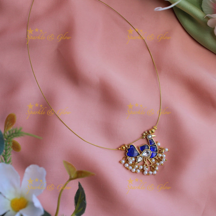 Stunning peacock design jadau stone pendant short necklace with invisible chain - Pink