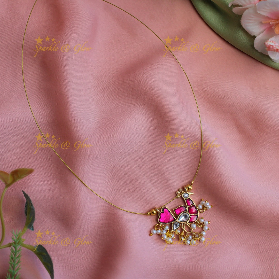 Stunning peacock design jadau stone pendant short necklace with invisible chain - Pink