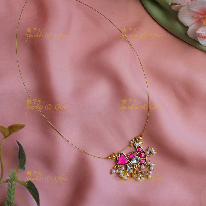 Stunning peacock design jadau stone pendant short necklace with invisible chain - Pink