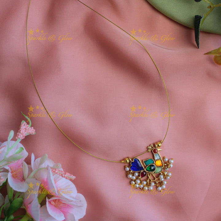 Stunning peacock design jadau stone pendant short necklace with invisible chain - Pink