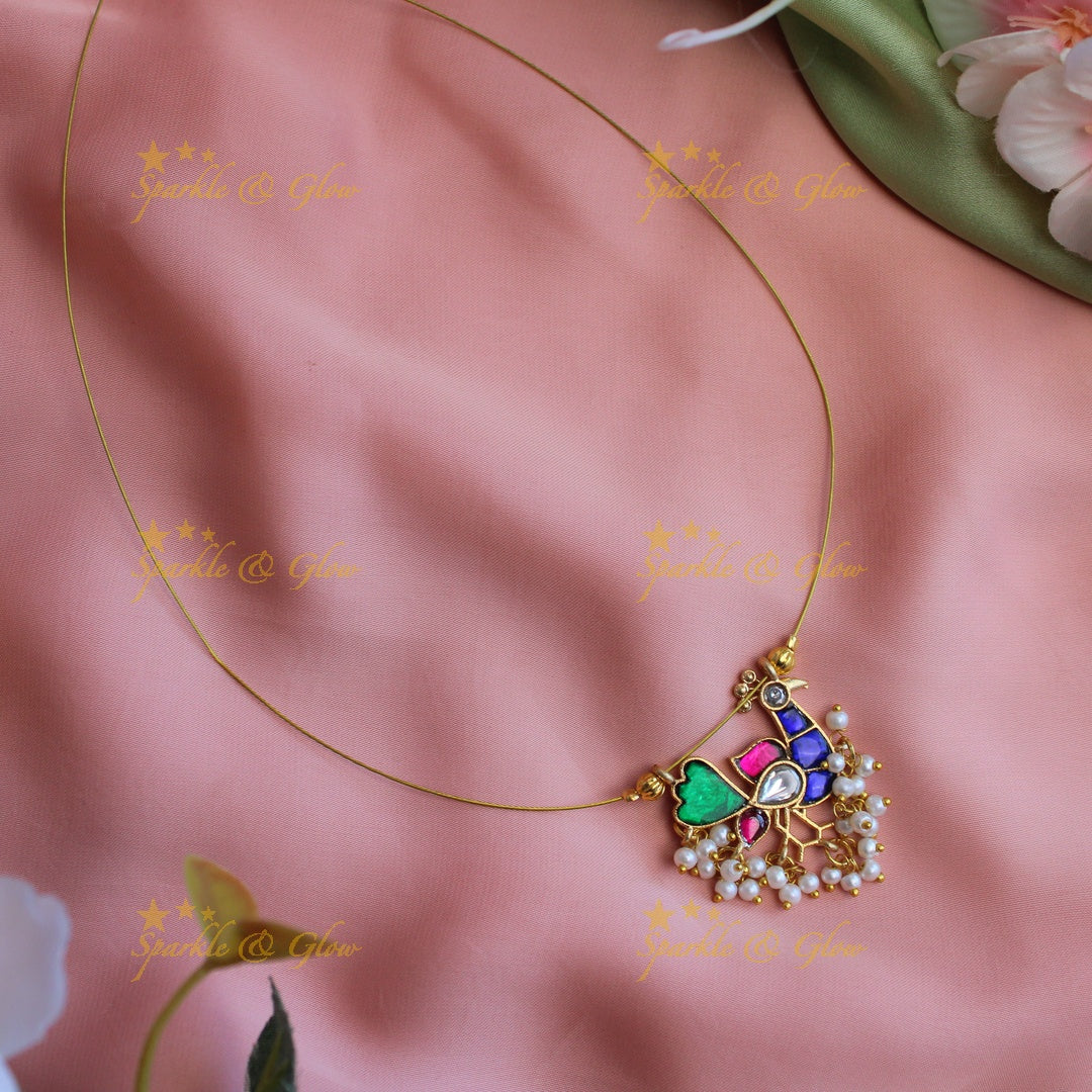 Stunning peacock design jadau stone pendant short necklace with invisible chain - Pink