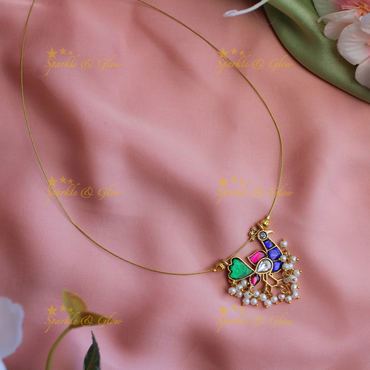 Stunning peacock design jadau stone pendant short necklace with invisible chain - Pink