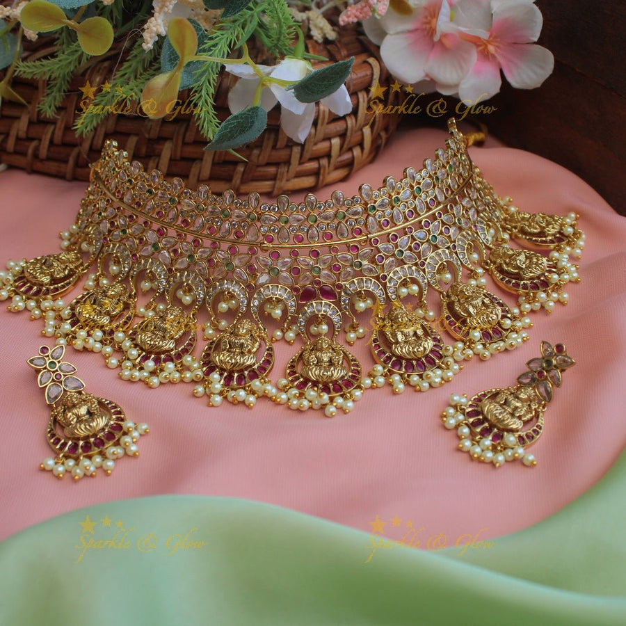 Beautiful Lakshmi design CZ stones high neck choker - Sparkle and Glow - Back Thread - 