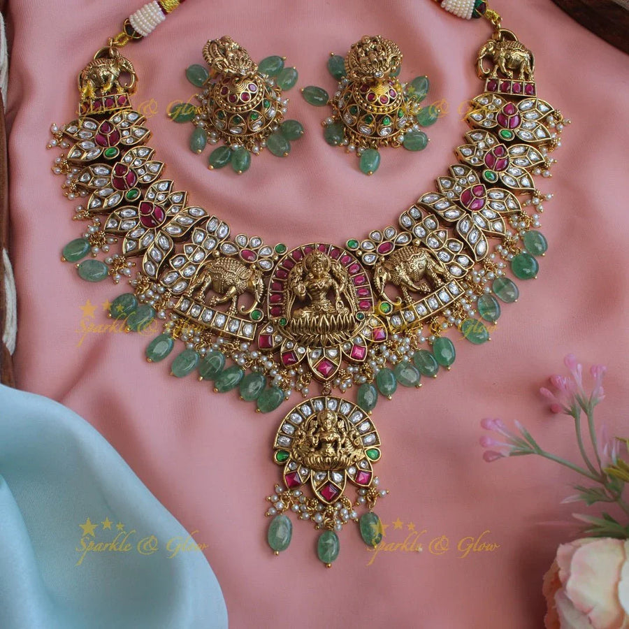 Pretty lakshmi elephant carved jadau stones with mint green beads short necklace - Sparkle and Glow