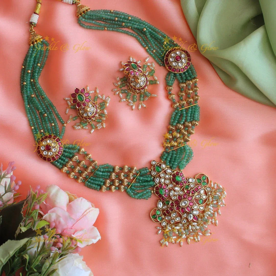 Beautiful floral design jadau stones with green beads long haram - Sparkle and Glow