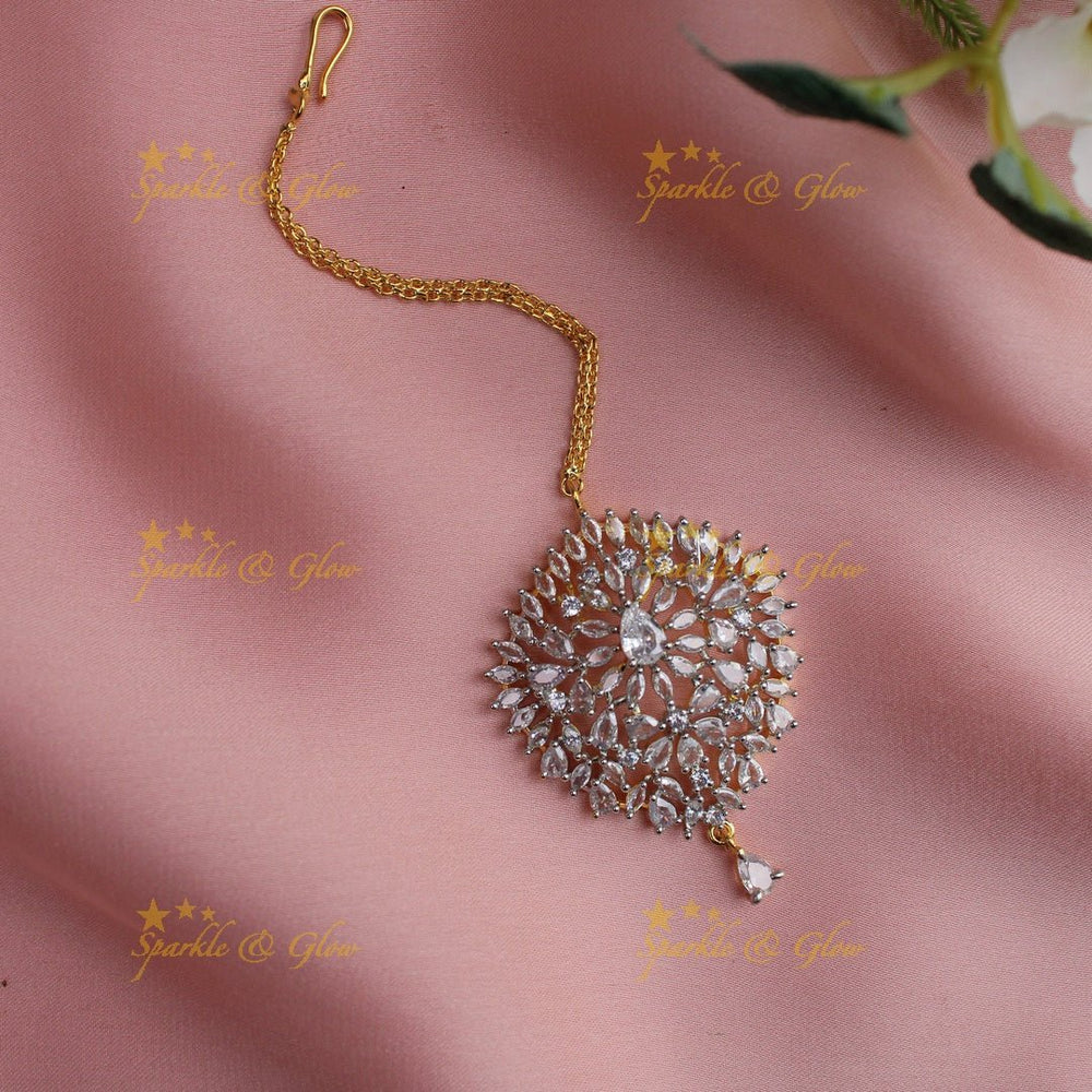 Stunning Floral design GJ polish Single line Maang Tikka - Sparkle and Glow - 