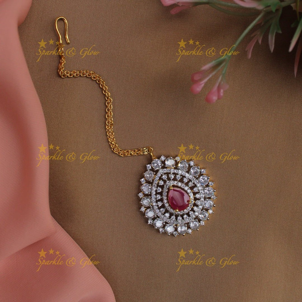 Stunning Ruby Floral design GJ polish Single line Maang Tikka - Ruby - Sparkle and Glow - Ruby - 