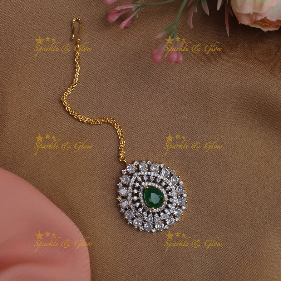 Stunning Ruby Floral design GJ polish Single line Maang Tikka - Ruby - Sparkle and Glow - Green - 