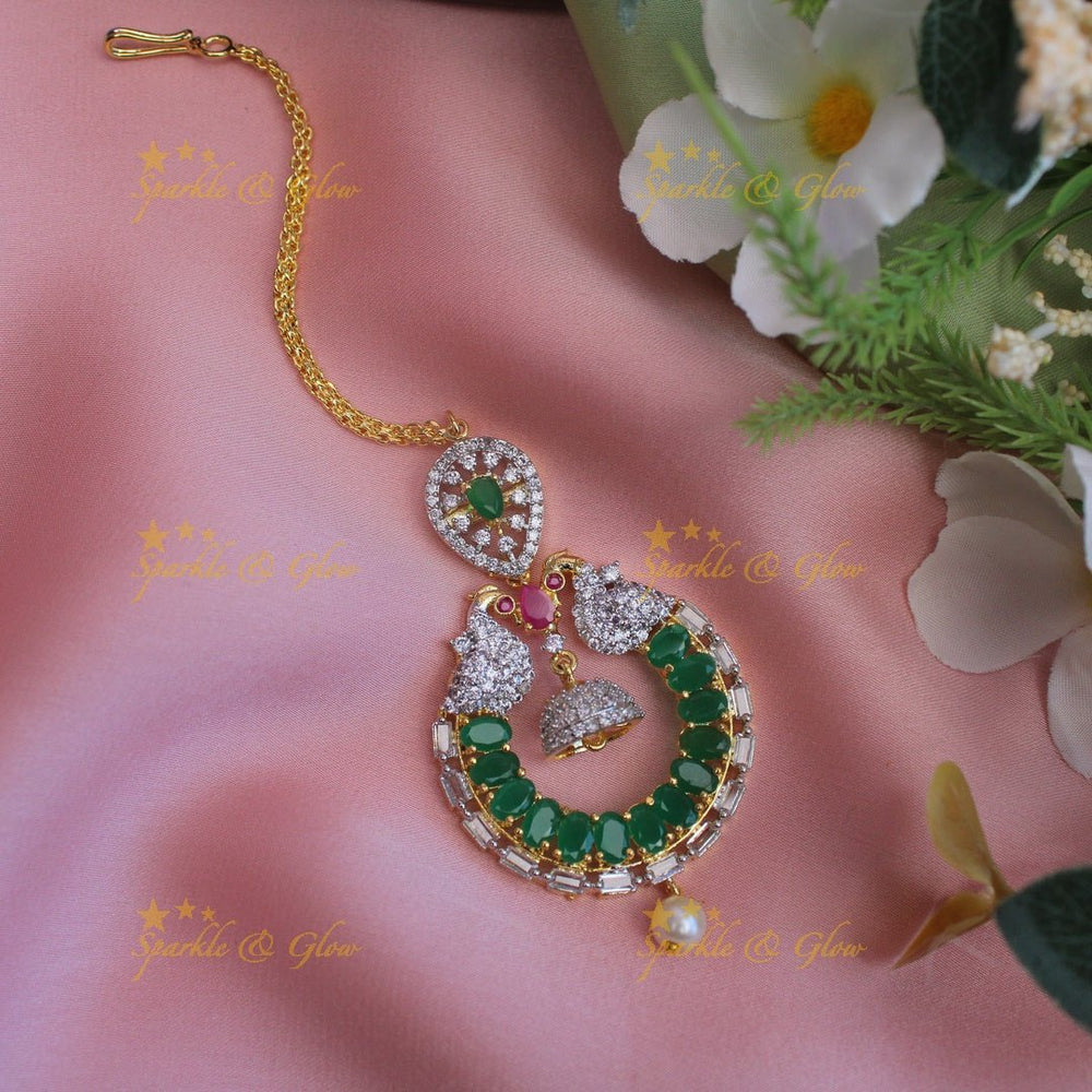 Gracious Dual tone Peacock Jhumuka drop GJ polish Maang Tikka - Green - Sparkle and Glow - Green - 