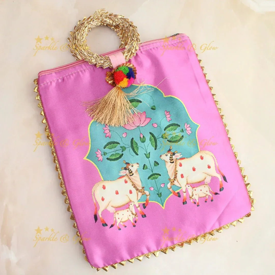 Beautiful cow printed potli bags - set of 10 - Assorted colours for return gifts - Sparkle and Glow