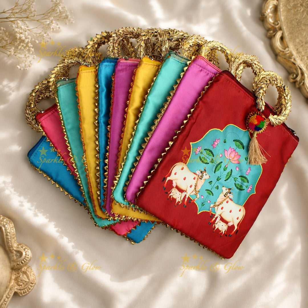 Cow Print Potli Bags - Set of 10pcs, Assorted Colors for Gifts