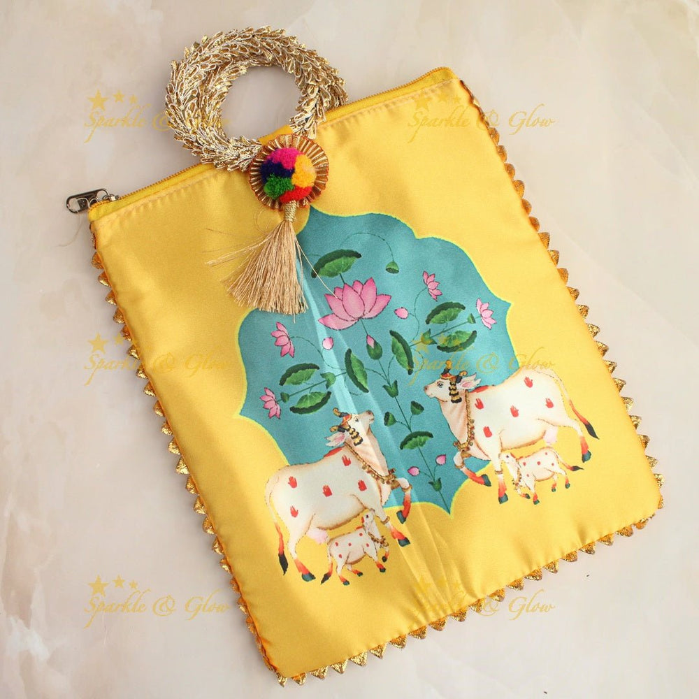 Beautiful cow printed potli bags - set of 10 - Assorted colours for return gifts - Sparkle and Glow - 