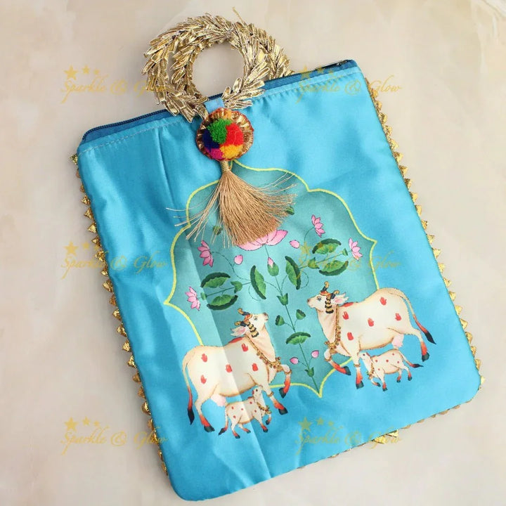 Beautiful cow printed potli bags - set of 10 - Assorted colours for return gifts - Sparkle and Glow