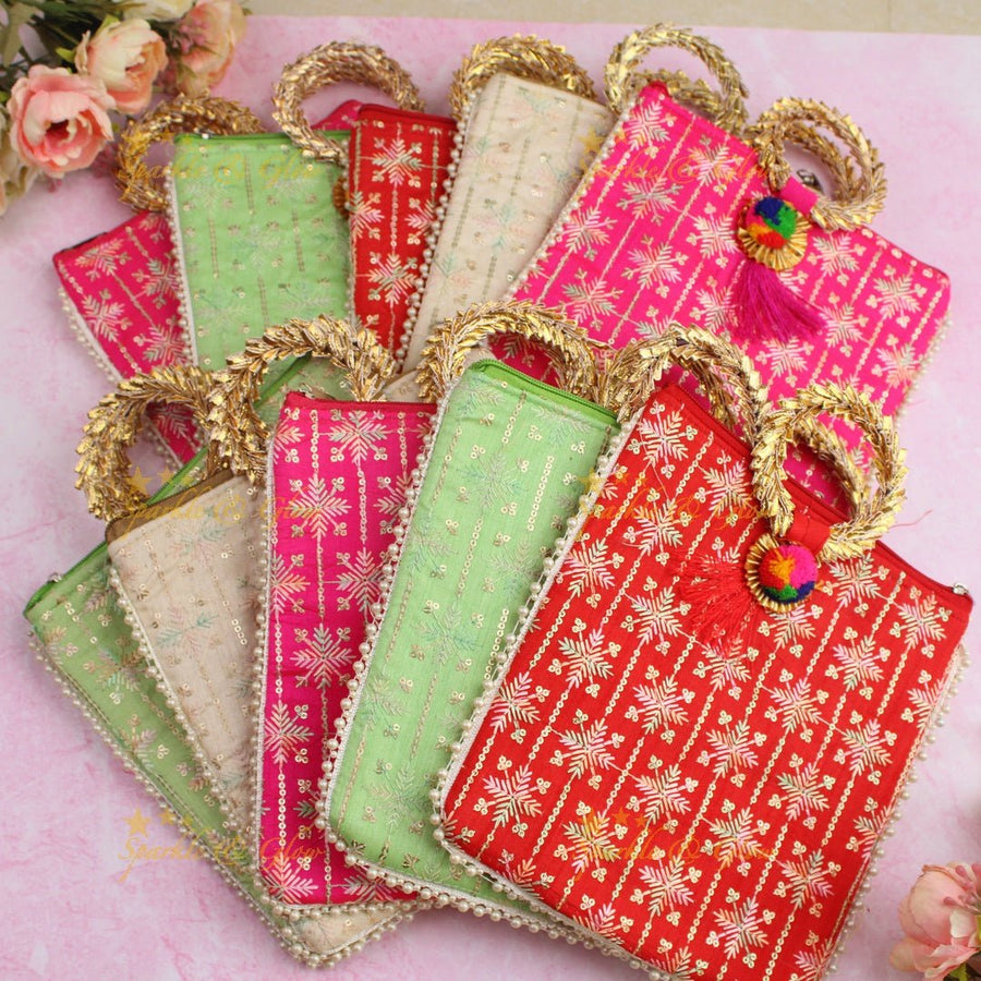 Beautiful leaf design potli bags with gold handle - set of 10 - Assorted colours for return gifts - Sparkle and Glow - 
