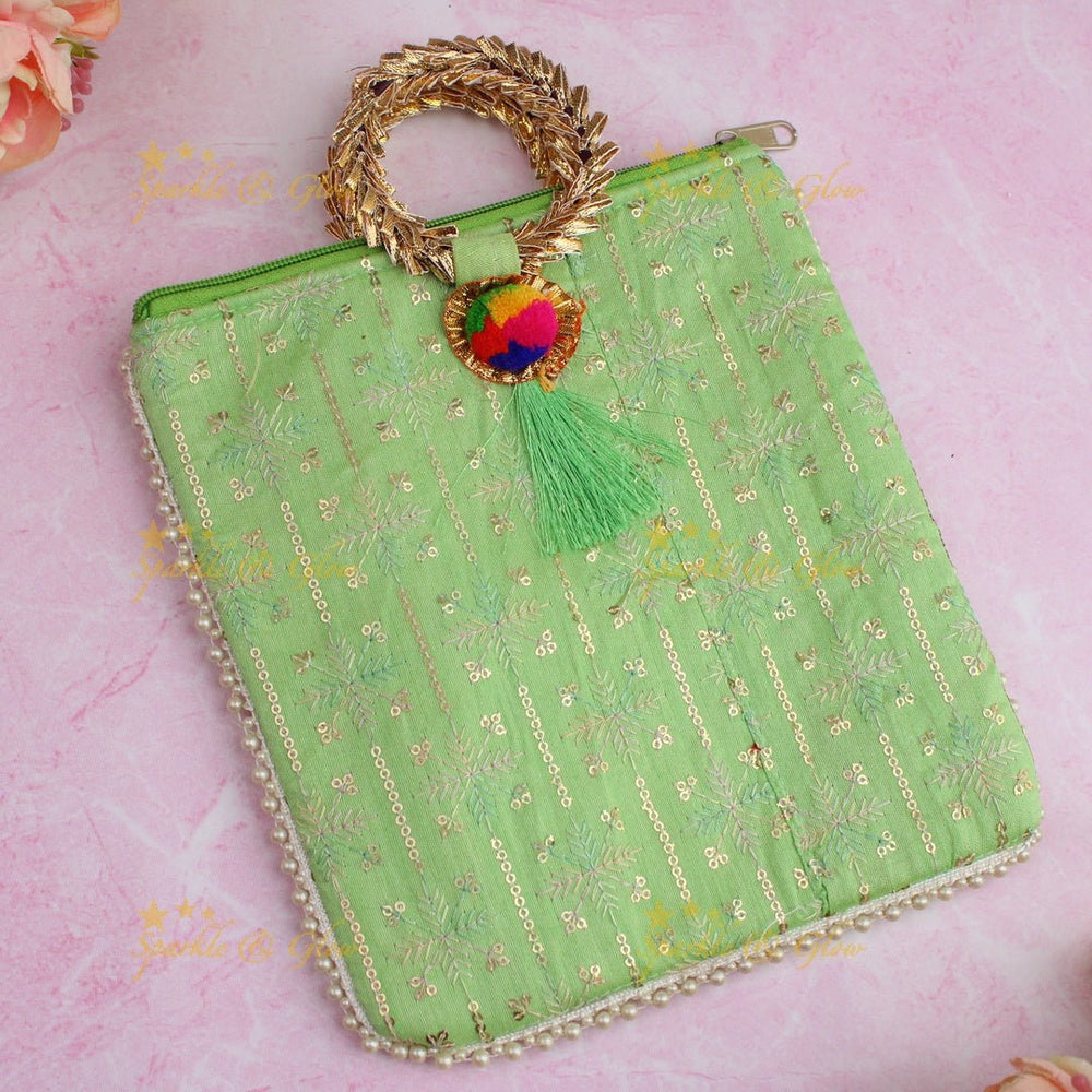Beautiful leaf design potli bags with gold handle - set of 10 - Assorted colours for return gifts - Sparkle and Glow - 