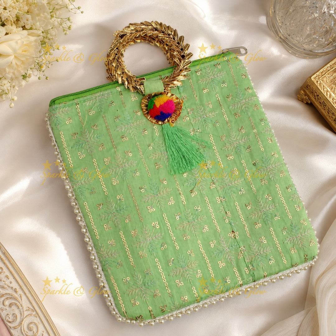 Leaf Design Gold Handle Potli Bags - Set of 10