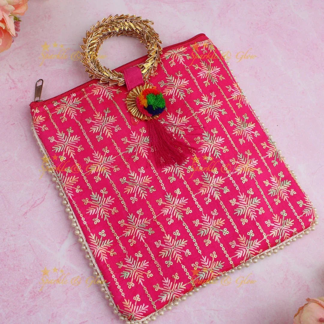 Beautiful leaf design potli bags with gold handle - set of 10 - Assorted colours for return gifts - Sparkle and Glow