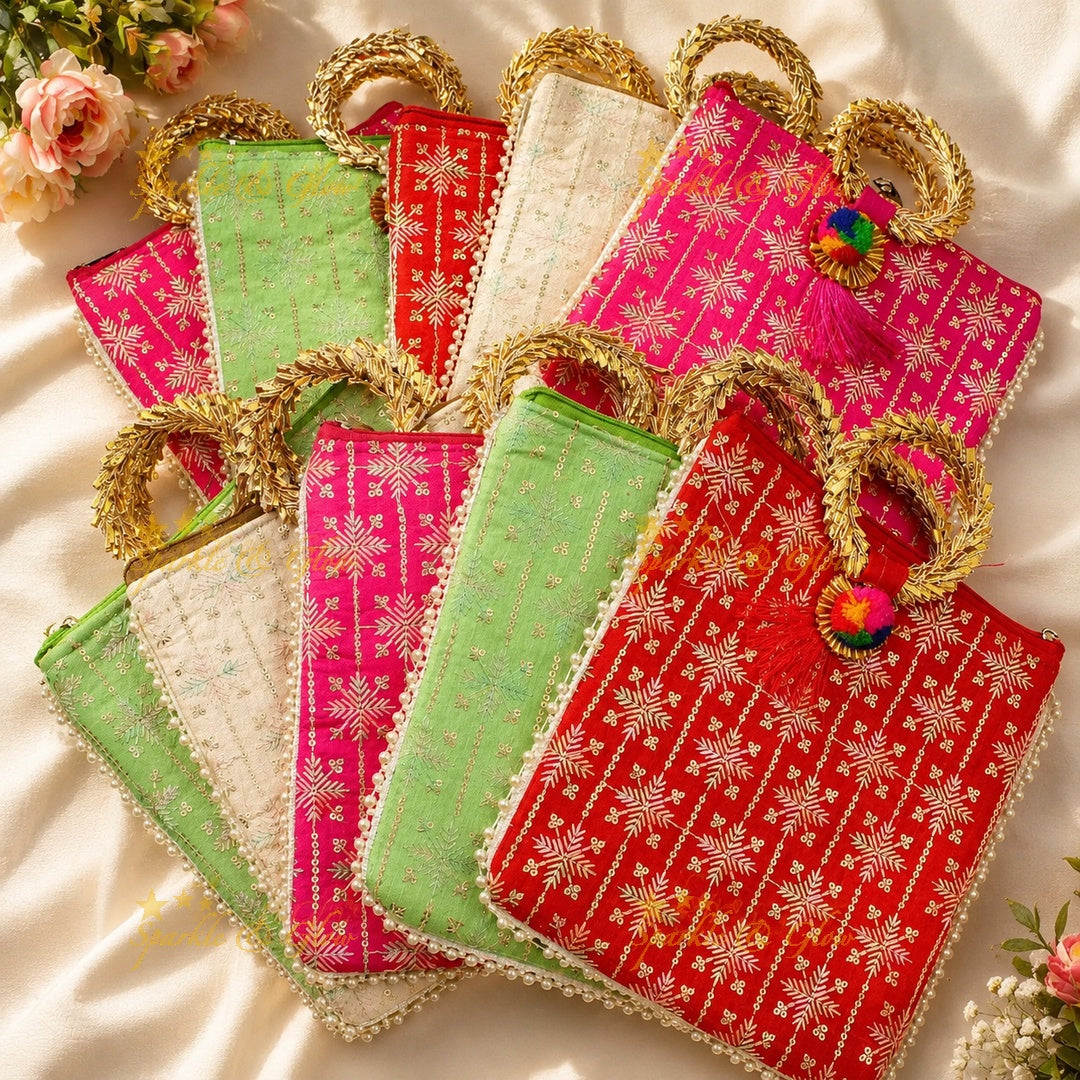 Leaf Design Gold Handle Potli Bags - Set of 10