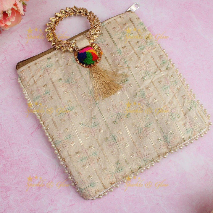 Beautiful leaf design potli bags with gold handle - set of 10 - Assorted colours for return gifts - Sparkle and Glow