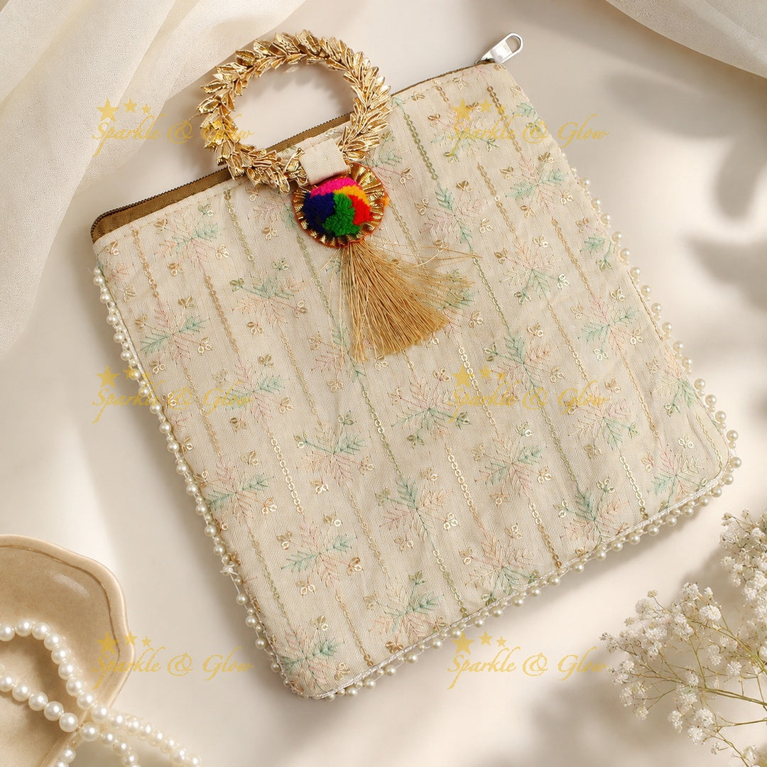 Leaf Design Gold Handle Potli Bags - Set of 10