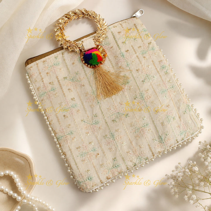 Leaf Design Gold Handle Potli Bags - Set of 10