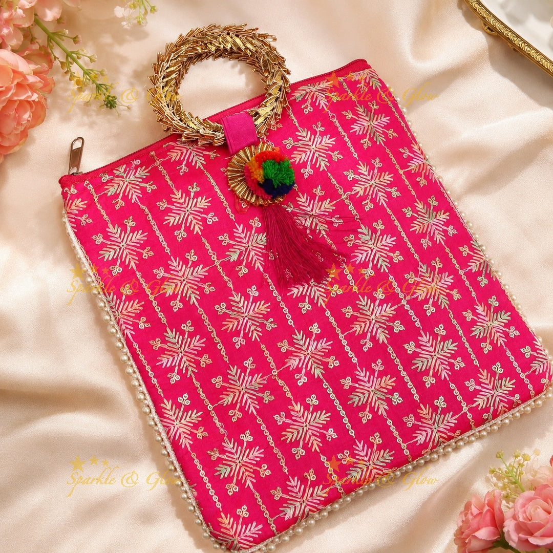 Leaf Design Gold Handle Potli Bags - Set of 10