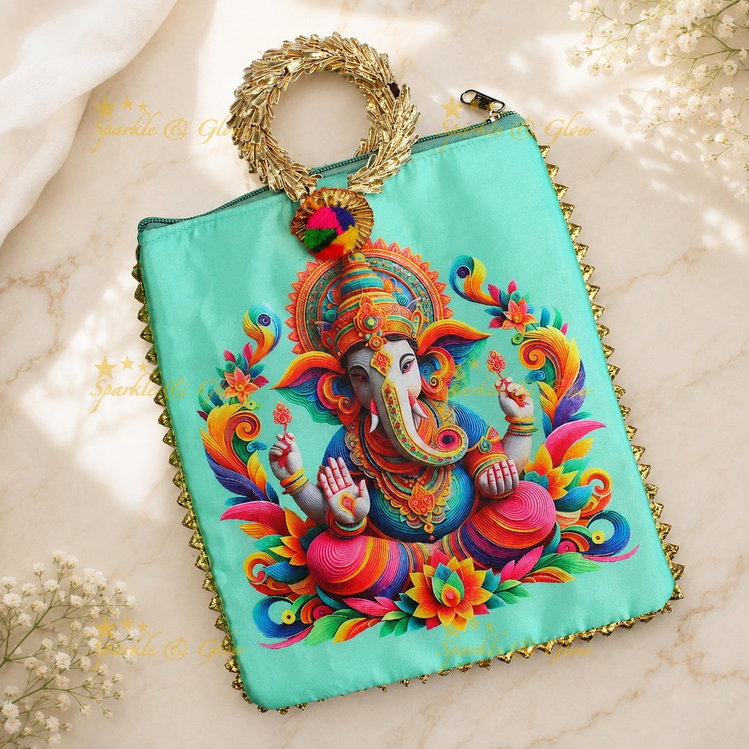 Lord Ganesha Gold Handle Potli Bags - Set of 10