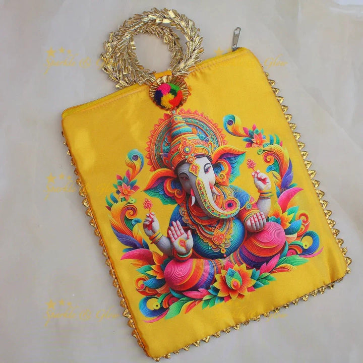 Beautiful lord ganesha print potli bags with gold handle - set of 10 - Assorted colours for return gifts - Sparkle and Glow