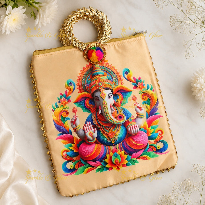 Lord Ganesha Gold Handle Potli Bags - Set of 10