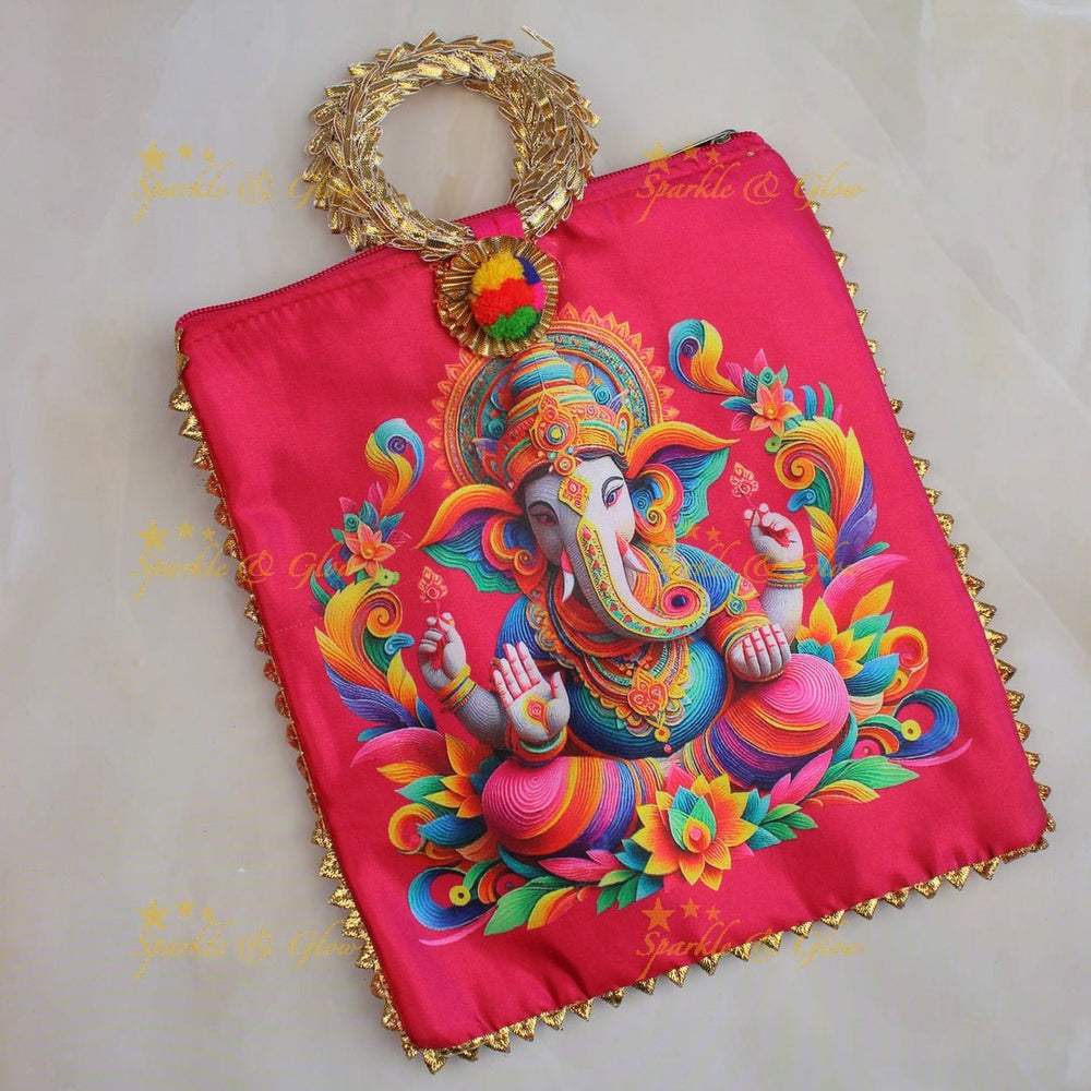Beautiful lord ganesha print potli bags with gold handle - set of 10 - Assorted colours for return gifts - Sparkle and Glow - 