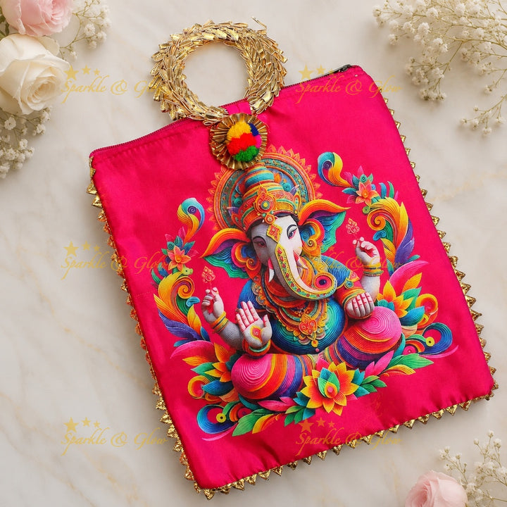 Lord Ganesha Gold Handle Potli Bags - Set of 10