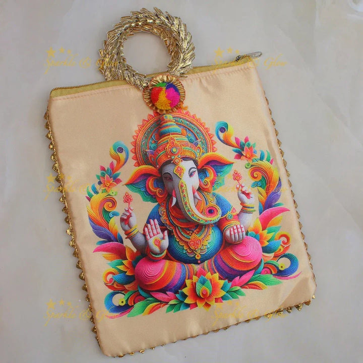 Beautiful lord ganesha print potli bags with gold handle - set of 10 - Assorted colours for return gifts - Sparkle and Glow