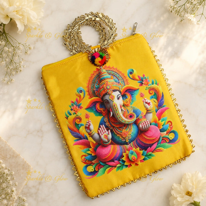 Lord Ganesha Gold Handle Potli Bags - Set of 10