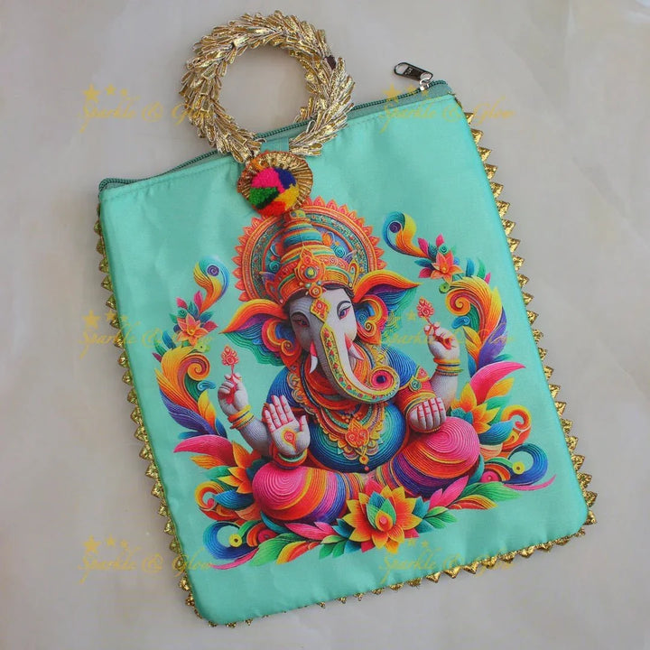 Beautiful lord ganesha print potli bags with gold handle - set of 10 - Assorted colours for return gifts - Sparkle and Glow