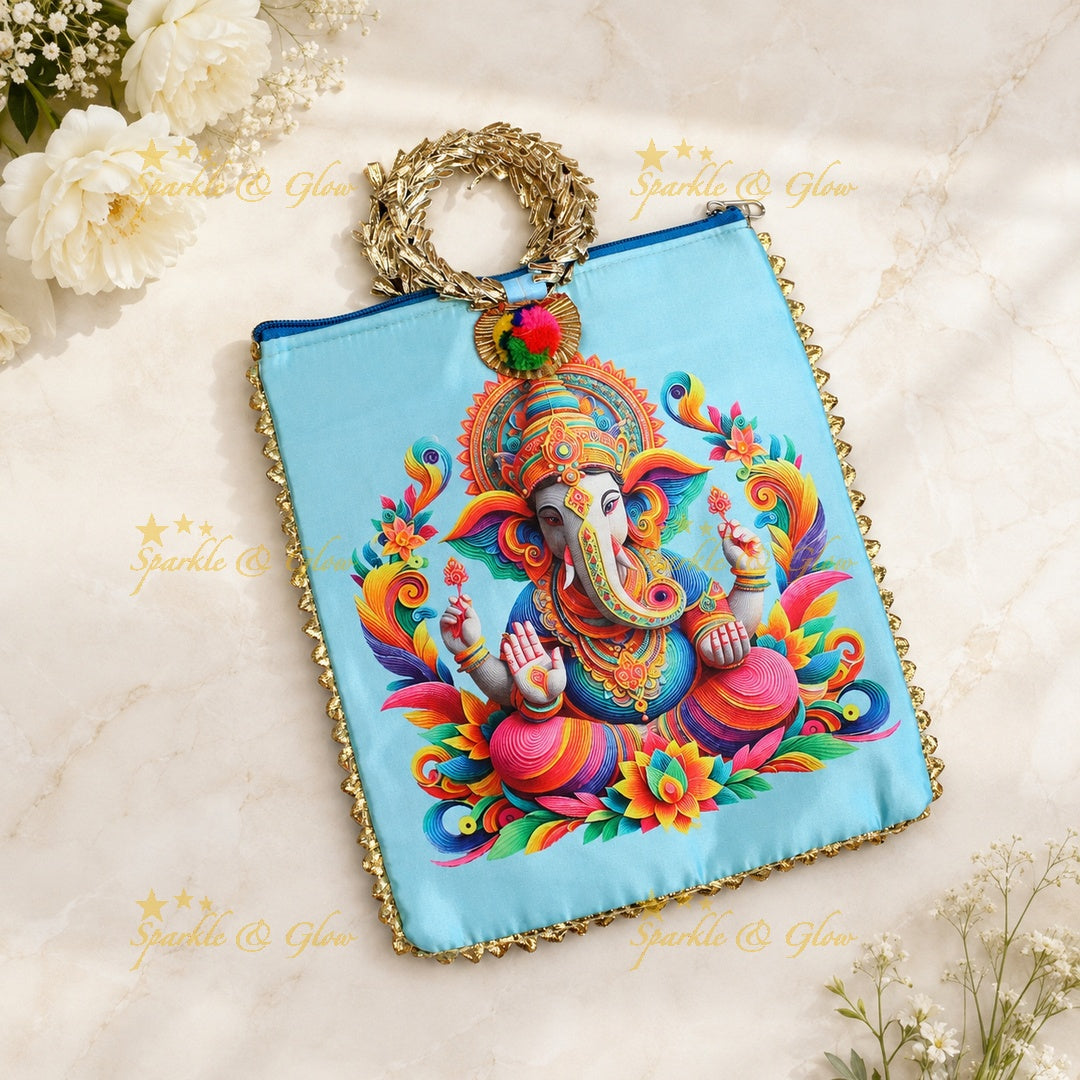 Lord Ganesha Gold Handle Potli Bags - Set of 10