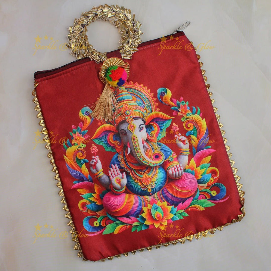 Beautiful lord ganesha print potli bags with gold handle - set of 10 - Assorted colours for return gifts - Sparkle and Glow - 
