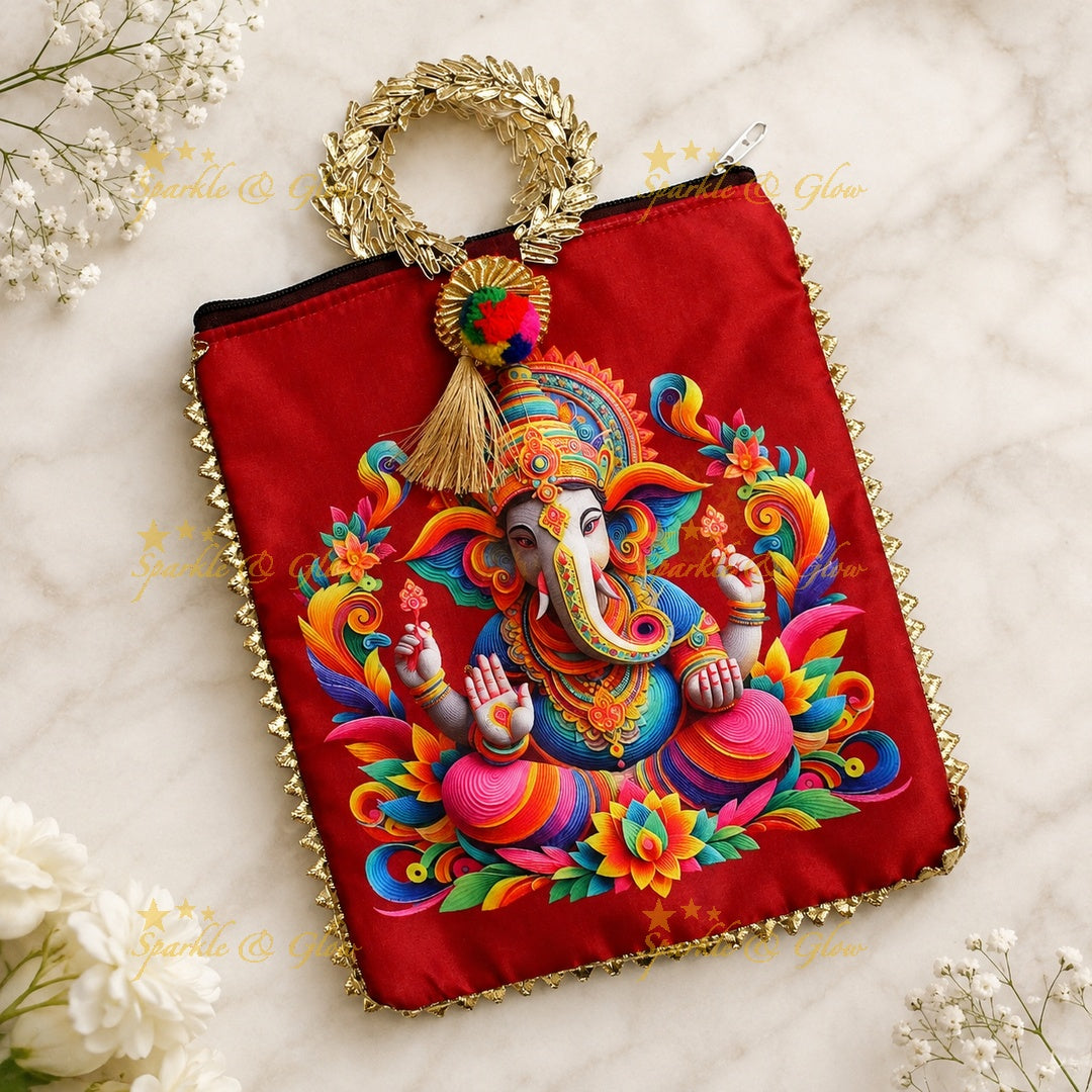 Lord Ganesha Gold Handle Potli Bags - Set of 10