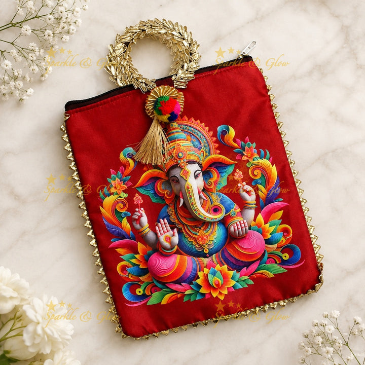 Lord Ganesha Gold Handle Potli Bags - Set of 10