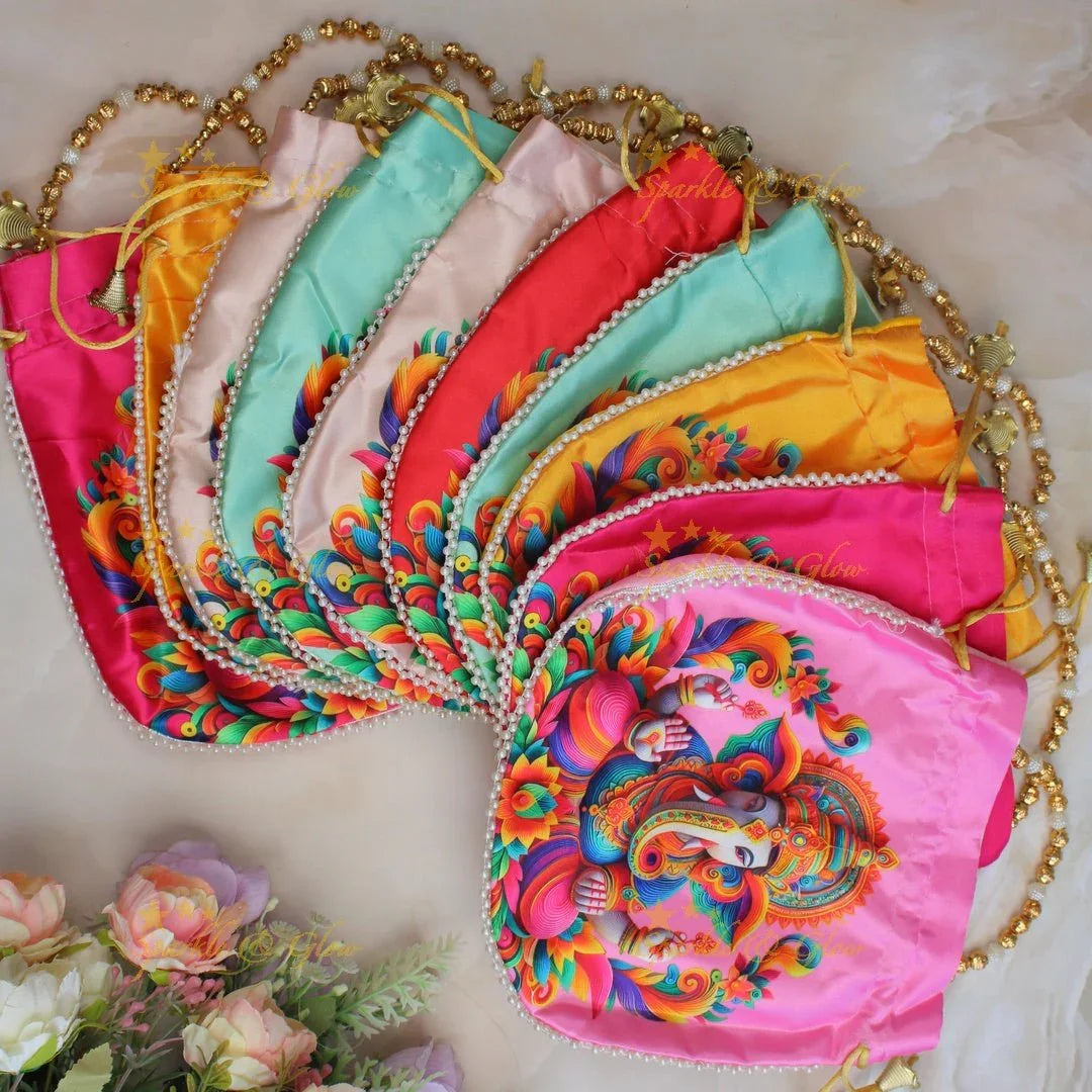 Beautiful lord ganesha print potli bags with gold beads - set of 10 - Assorted colours for return gifts - Sparkle and Glow