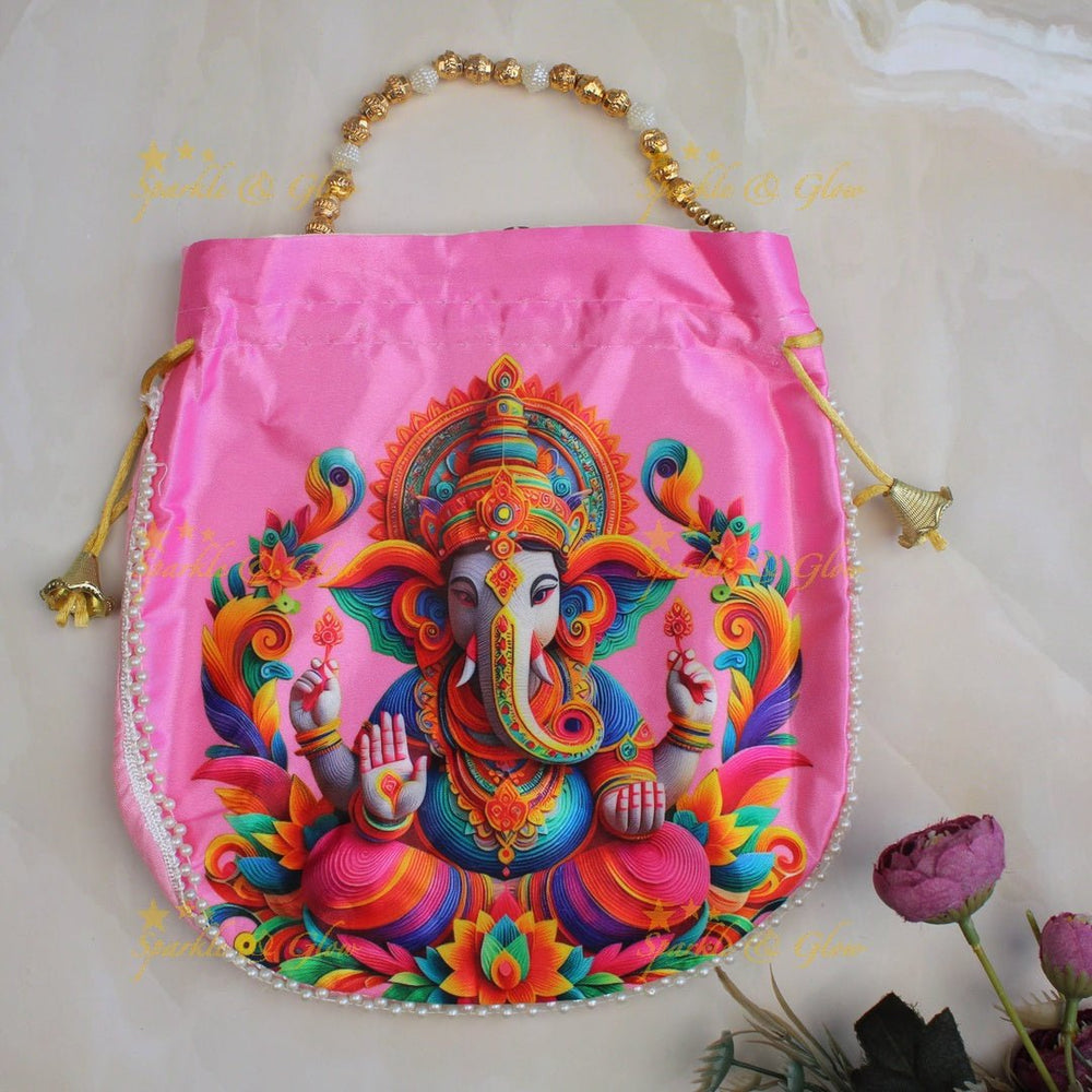 Beautiful lord ganesha print potli bags with gold beads - set of 10 - Assorted colours for return gifts - Sparkle and Glow - 