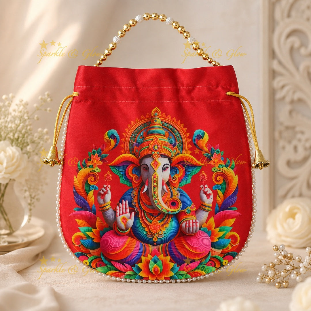 Lord Ganesha Gold Beaded Potli Bags - Set of 10