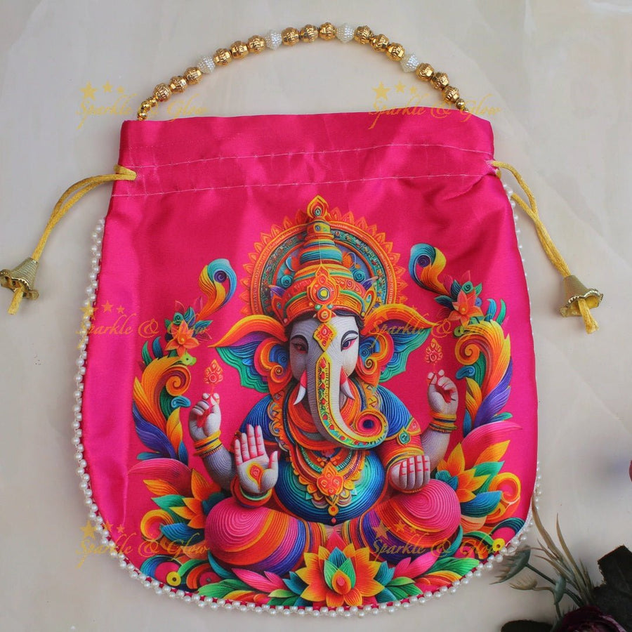 Beautiful lord ganesha print potli bags with gold beads - set of 10 - Assorted colours for return gifts - Sparkle and Glow - 