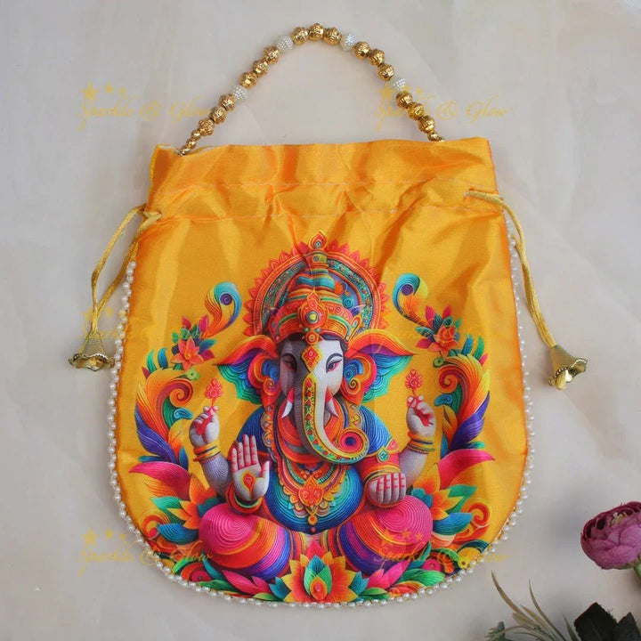 Beautiful lord ganesha print potli bags with gold beads - set of 10 - Assorted colours for return gifts - Sparkle and Glow