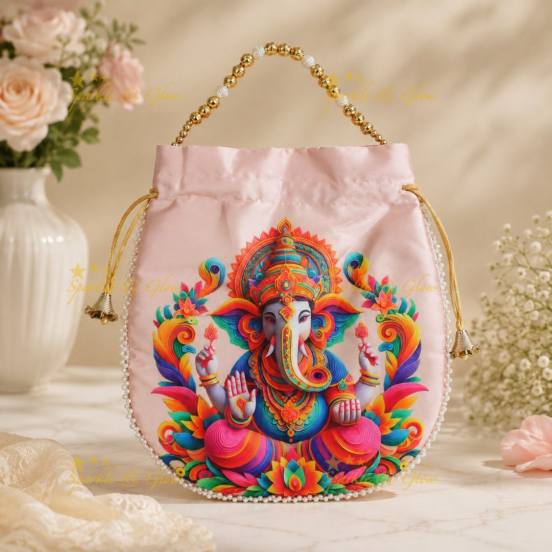 Lord Ganesha Gold Beaded Potli Bags - Set of 10