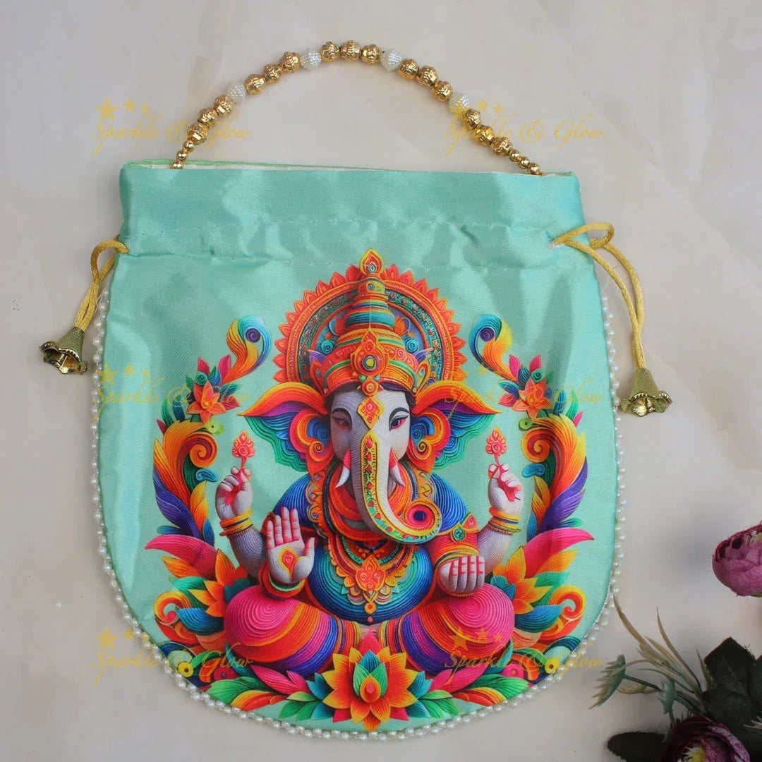 Beautiful lord ganesha print potli bags with gold beads - set of 10 - Assorted colours for return gifts - Sparkle and Glow