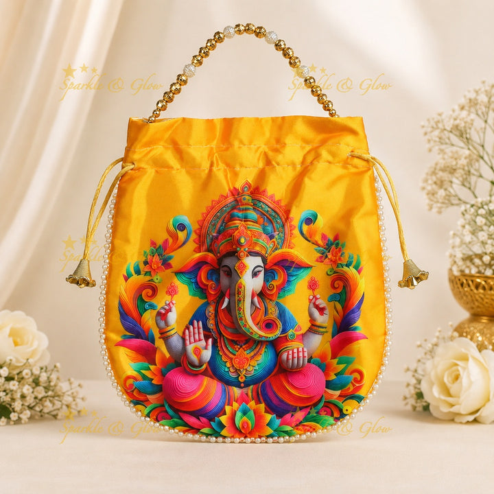 Lord Ganesha Gold Beaded Potli Bags - Set of 10
