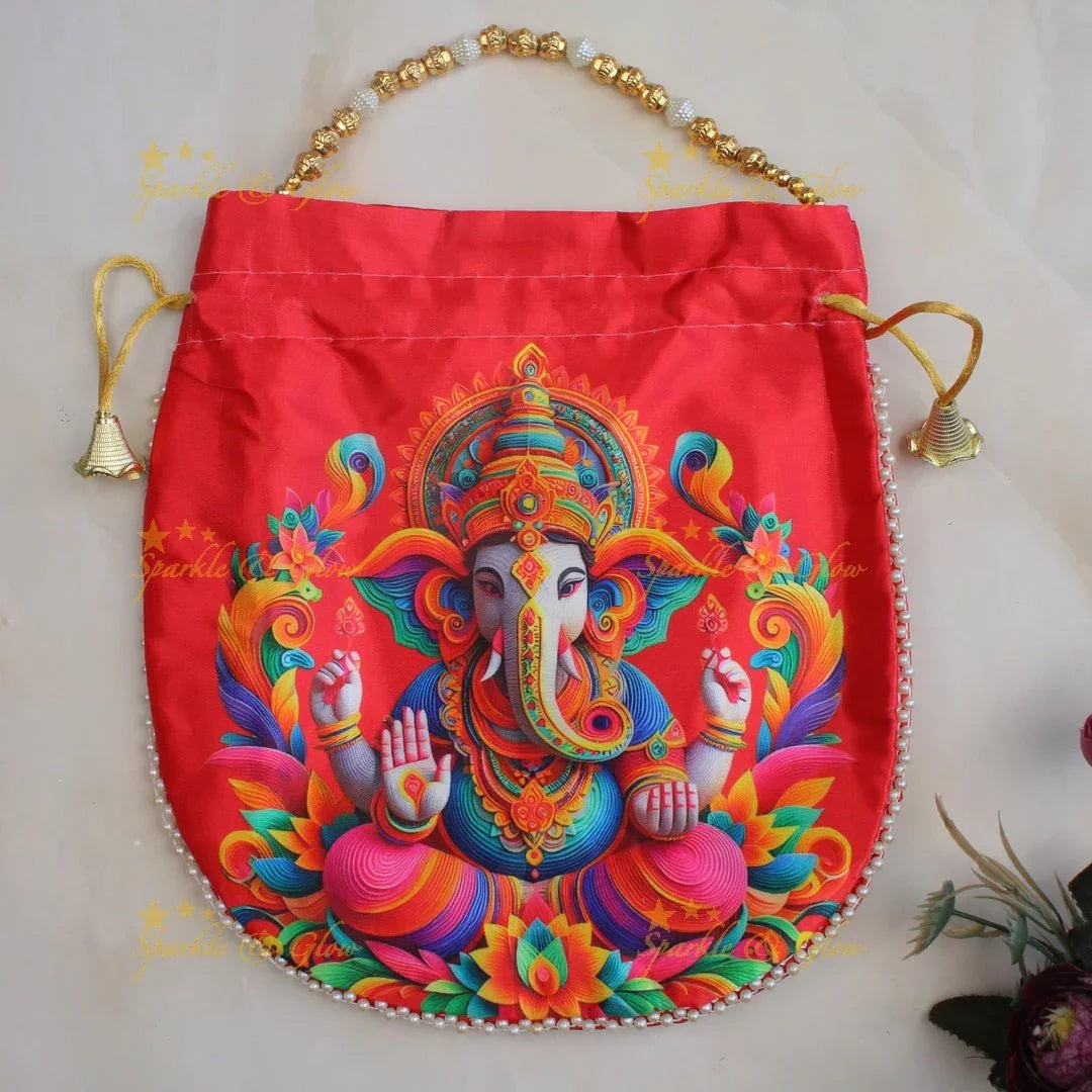 Beautiful lord ganesha print potli bags with gold beads - set of 10 - Assorted colours for return gifts - Sparkle and Glow