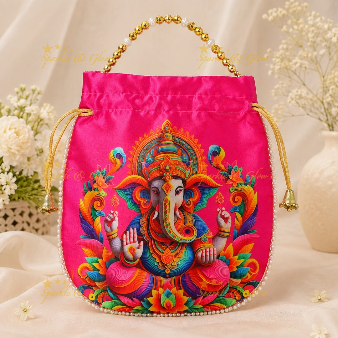 Lord Ganesha Gold Beaded Potli Bags - Set of 10