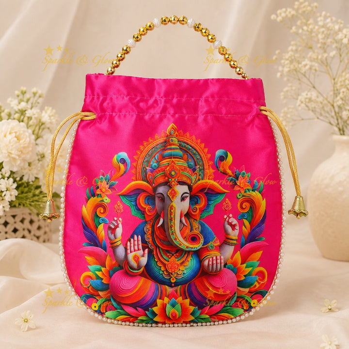 Lord Ganesha Gold Beaded Potli Bags - Set of 10